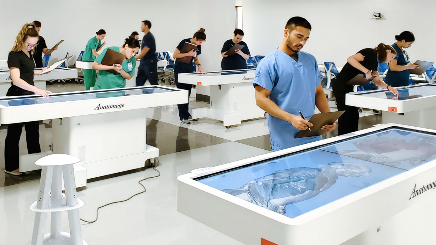 Students utilizing our 3D Anatomy Table to enhance medical education—no physical cadavers needed.