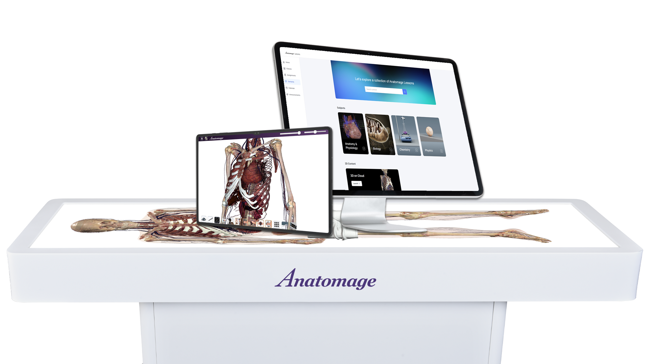 Anatomage Table integrated with tablet and desktop displaying 3D medical imaging, creating a complete virtual ecosystem for medical education.
