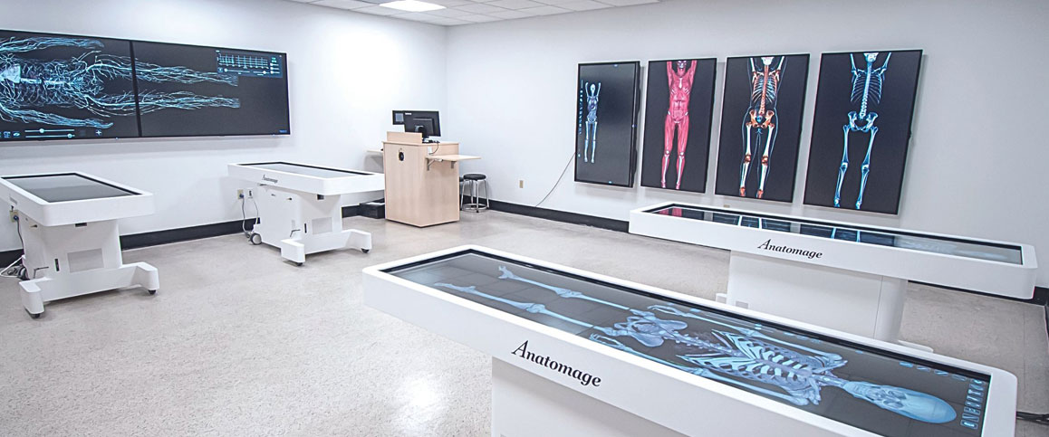 Cadaver lab equipped with Anatomage Tables displaying full-body digital anatomy for virtual dissection and medical training