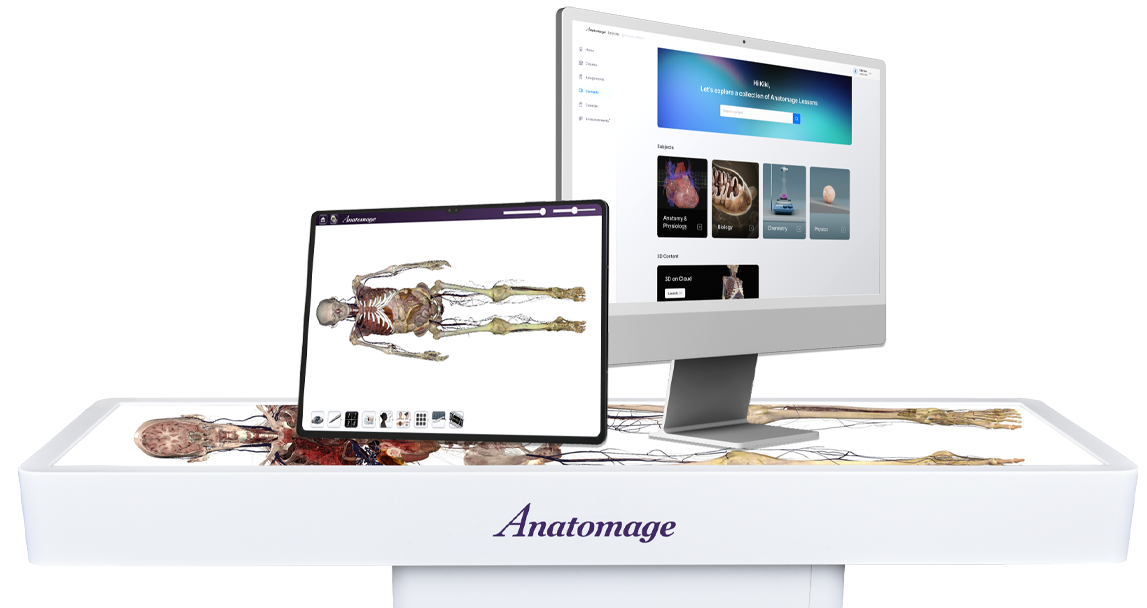 Anatomage Table displaying interactive 3D anatomy content, alongside a desktop and tablet showcasing Anatomage Lessons platform for virtual medical and science education.