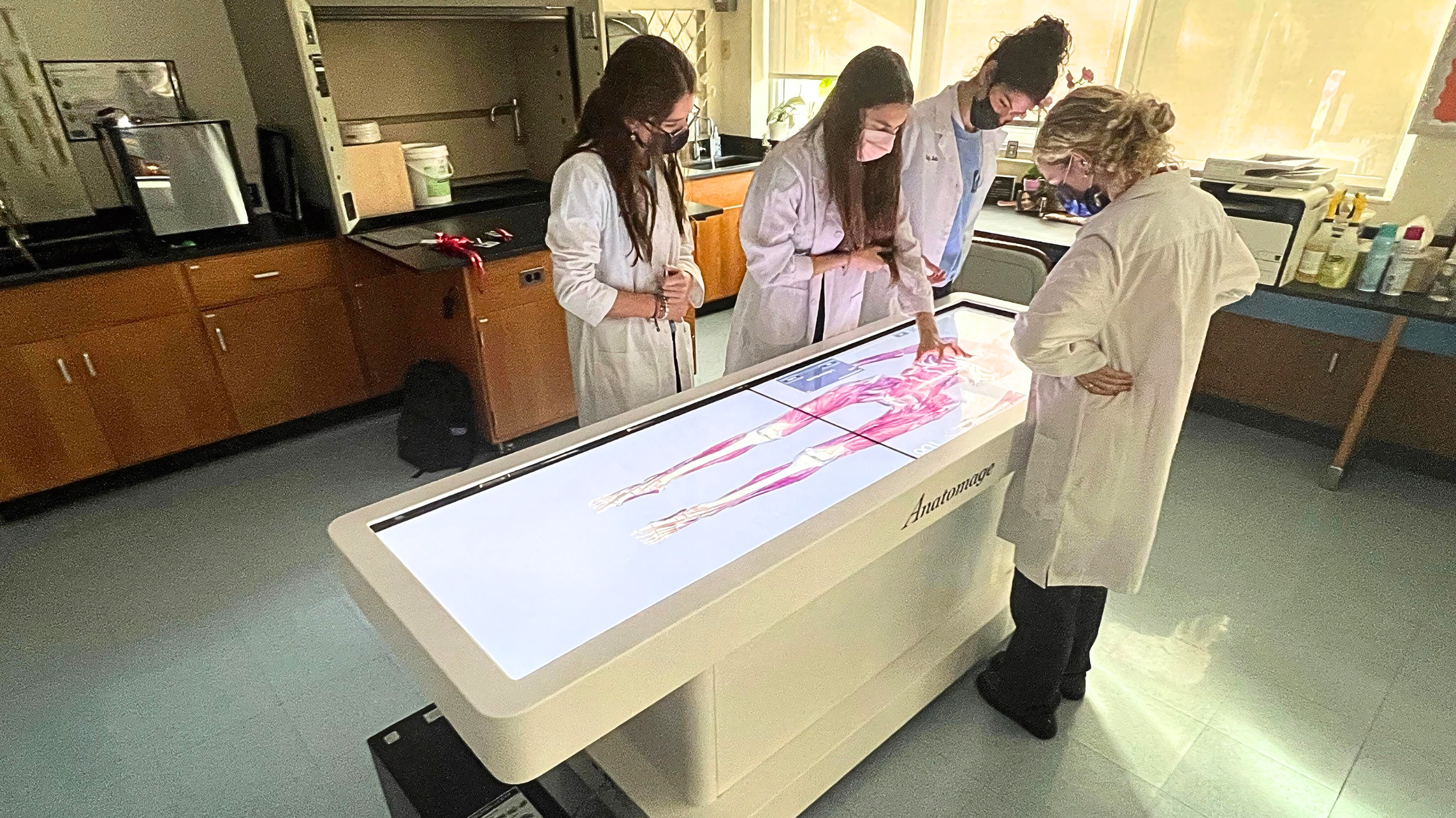 Students engaging in clinical simulations and virtual dissection using Anatomage’s 3D anatomy software for hands-on medical and anatomy education.