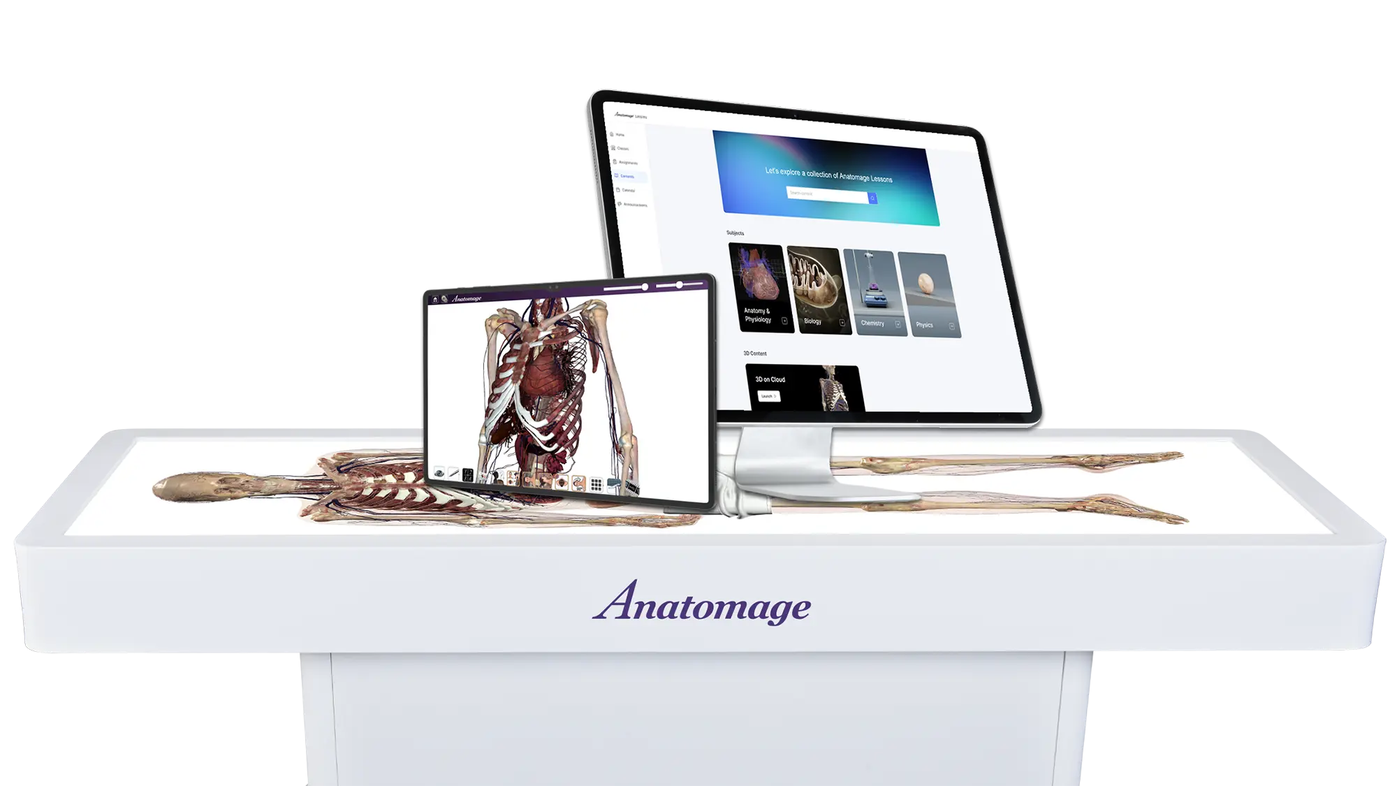 Anatomage Table integrated with tablet and desktop displaying 3D medical imaging, creating a complete virtual ecosystem for medical education.